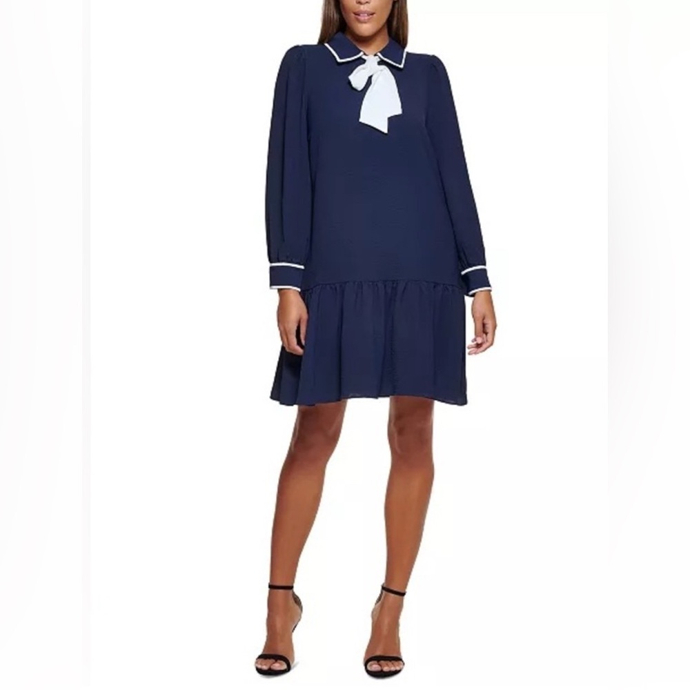 NWT DKNY Contrast-Trim Trapeze Dress in Navy/White Size 2